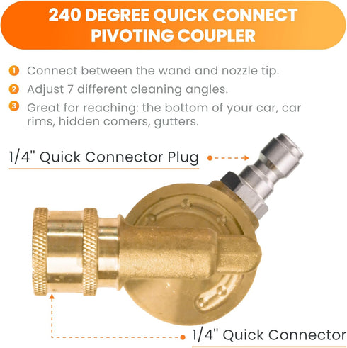 Giraffe Tools Pressure Washer Pivoting Coupler, 7 Angles Gutter Cleaner Attachment, 240 Degree Rotation, 1/4“ Quick Connect, 4000 PSI...