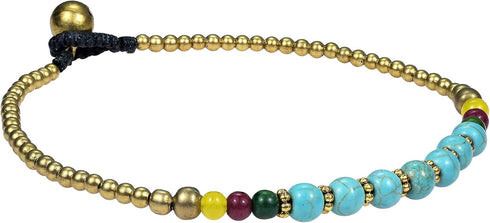 AeraVida Tribal Round Simulated Blue Turquoise Brass Beads Link Charm Anklet...