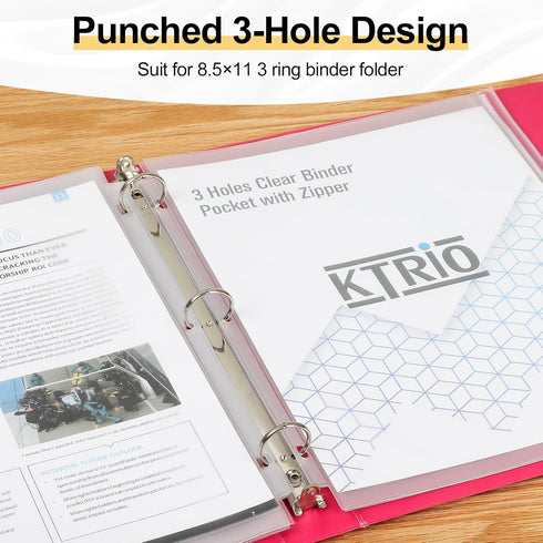 KTRIO Zipper Binder Pocket Letter Size 12 Pack, 3 Holes Zipper Binder Folder for 3 Ring Binder Insert, Clear PVC Loose Leaf Pouch 8-1/2"x 11 Docum...
