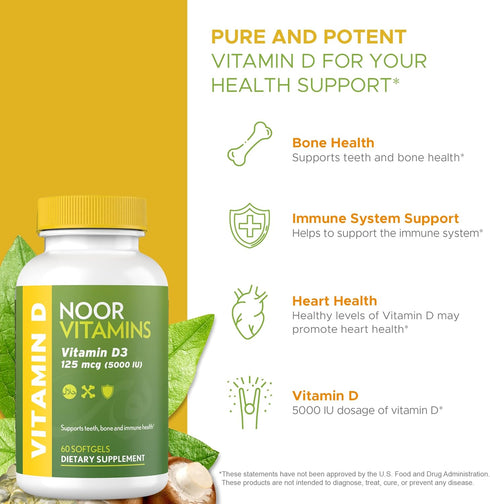 Noor Vitamins Halal Vitamin D, Halal Vitamin D3, 5000 IU Softgels, Supports Bone, Immune & Heart Health, from Safflower Oil to Maximize Absorption...