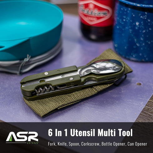 ASR Outdoor 6 in 1 Camping Utensil Camp Kitchen Multi-Tool with Carrying Case and Bottle Opener...
