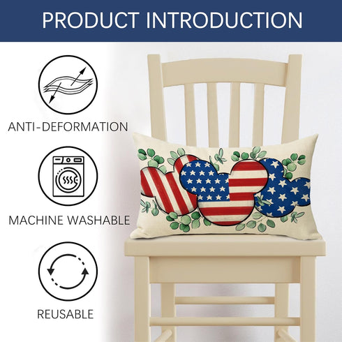 4th of July Cartoon Mouse Patriotic Lumbar Decorative Throw Pillow Cover 12 x 20, Rectangular America USA Eucalyptus Leaves Outdoor Home Decor, Am...