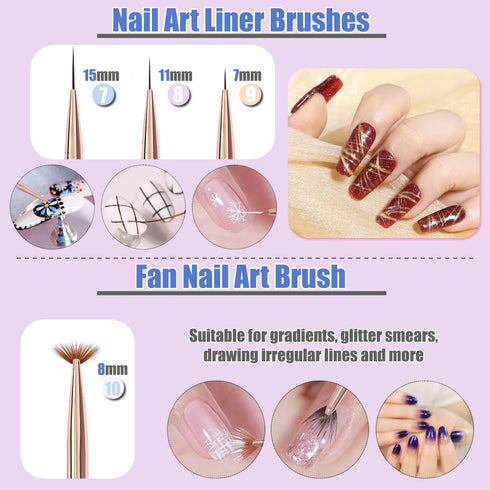 KINGMAS 10Pcs Nail Art Brushes, Nail Gel Polish Painting Brush Drawing Pen, Nail Liner Brush and Nail Dotting Pen for Gel Polish DIY Manicure Salo...