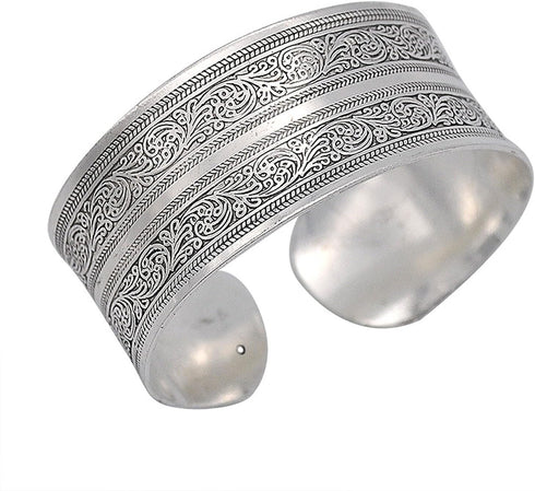 Tibeten Silver Carved Spiral Flower Connecting Branches Pattern Bracelets Vintage Ethnic Elephant Turtle Wide Grooved Open Cuff Bracelet Bangle Pa...