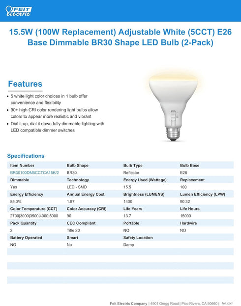 Feit Electric BR30 LED Light Bulb, 100W Equivalent, Dimmable, 5CCT, E26 Medium Base, 90 CRI, 1400 Lumens, Recessed Can Light Bulbs with Switch on ...