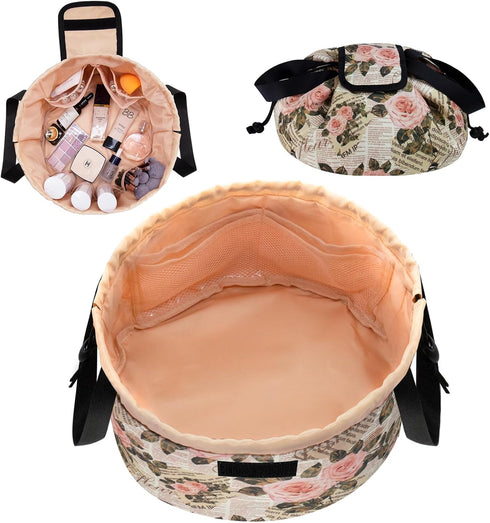 Barrel Drawstring Makeup Bag Large Travel Makeup Bag,Portable Large Capacity Cosmetic Bag Toiletry Organizer for Travel Accessories Make Up Essent...
