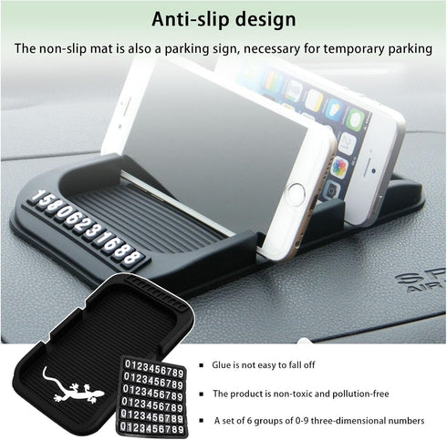 Car Dashboard Phone Holder, Non-Slip Double-Groove Auto Cell Phone Pad Mat with Number Plate, Universal Vehicle Phone Mount for All Smartphones, G...