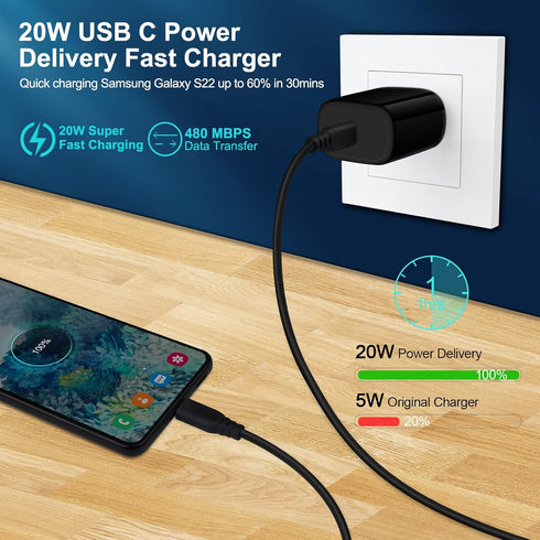 Type C Charger, 20W Super Fast Charger for Samsung Galaxy S24 S23 S22 Ultra A15 A14 5G A54 A13 A23 A03s A53 S21 FE S20,Z Fold 5,Z Flip 5,USB C Cha...