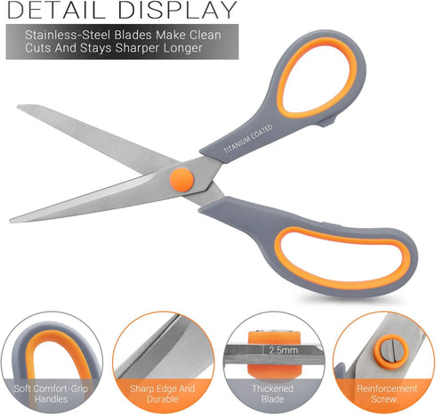 Scissors 8" Multipurpose Scissors Titanium Coated Sturdy Sharp Scissors Right/Left Handed Comfort-Grip Handles for Office Home School Sewing Fabri...
