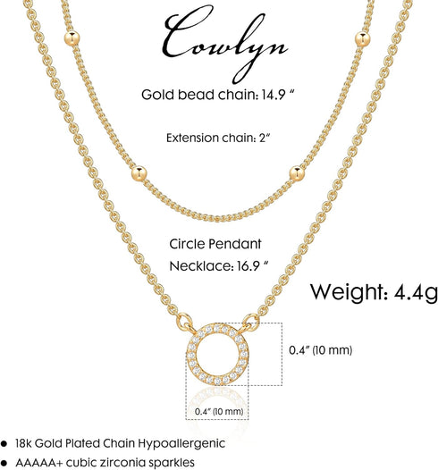 Cowlyn Dainty Layered Necklace Sparkle CZ Circle Pendant Handmade 14k Gold Plated Chain Multilayer Satellite Bead Choker Simple Cute Jewelry Etern...