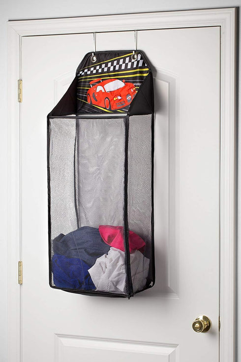 Store&Score Over The Door Hanging Kids Fun LED Race Car Light-Up Collapsible Mesh Laundry Hamper, Toy Chest, Metal Hooks Included...