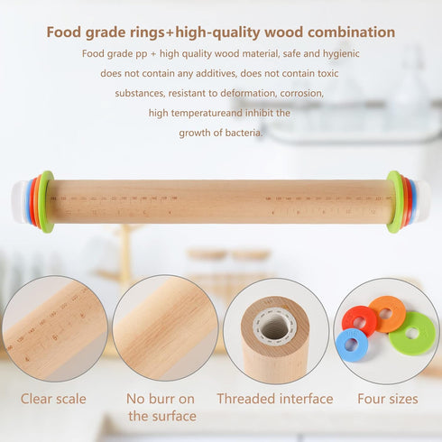 Wood Rolling Pin With 4 Adjustable Thickness Rings, Non-stick Dough Roller For Baking, 17 Inch Pizza Roller For Kitchen supplies, Handle Press Des...
