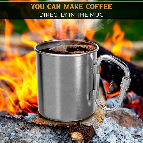 Stainless Steel Camping Mug with Handle - 13.5 oz Coffee Camping Mug with Carabiner Handle Portable Backpack Outdoor Hiking Cup Lightweight Campin...