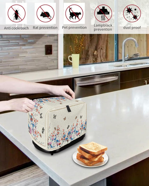 2 Slice Toaster Cover, Bread Machine Cover Spring Pink Blue Flower Butterfly Rustic Kitchen Appliance Dust Cover with Top Handle Fingerprint Prote...
