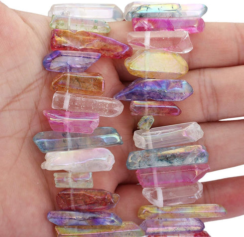 TUMBEELLUWA Rock Quartz Crystal Points Loose Beads for Jewelry Making, Titanium Coated Polished/Raw Quartz Beads 15 Inches Top Drilled,Multi-Color...