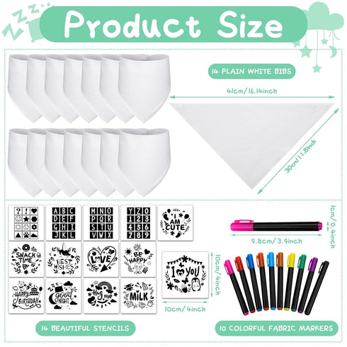 Jutom 38 Pcs DIY Baby Bibs Decorating Sets Includes 14 White Baby Bibs 10 Fabric Paint Markers 14 Stencils, 2 Ply Cotton Drool Bibs Plain Baby Sho...