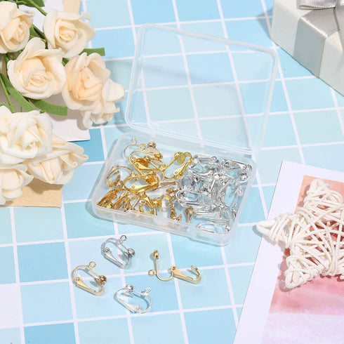 Clip on Earring Converter Earring Clip Backs on Earring Findings with Easy Open Loop Earring Backs Pierced Parts with Storage Box, 4 Colors (24 Pi...