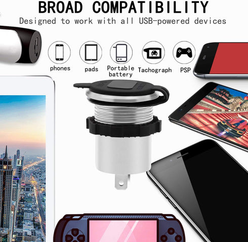 Upgraded Aluminum Alloy Quick Charge 3.0 USB Car Charger Socket & 2.4A USB Port IP66 Waterproof Dual USB Power Outlet with Voltmeter for Car Boat ...