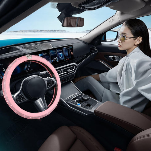 Cute Pink Steering Wheel Cover - Soft Leather Bling Car Steering Wheel Covers for Women & Girls with Sparkly Diamond, 15 inch Car Accessory Wheel ...