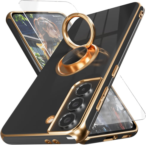?for Galaxy S21 Case,with Screen Protector, Built-in 360° Rotation Ring Holder Magnetic Kickstand, Plating Gold Edge Soft TPU Shockproof Protectiv...