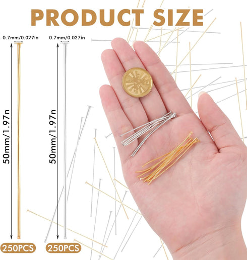 500pcs Flat Head Pins, 2 Inch Long Straight Eye Pins for Jewelry Making 0.7mm Metal Beading Pin for DIY Craft Earring Bracelet Necklace Pendant Su...