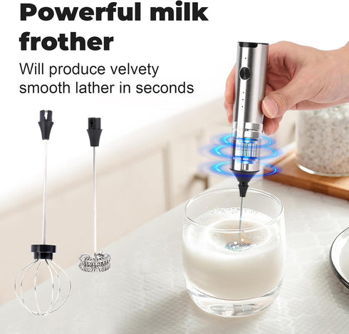 Kitchen Milk Frother With 2 Heads, USB C Fast Charging Handheld 3-Speed Latte Frother - Home Coffee Blender, Matcha, Hot Chocolate, Cappuccino, Cr...