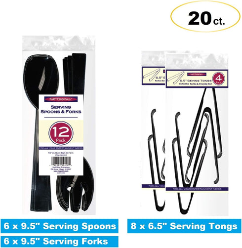 Party Essentials Plastic Party Buffet Serving Utensils Kit, Spoons/Forks/Tong, 20-Piece, Black...