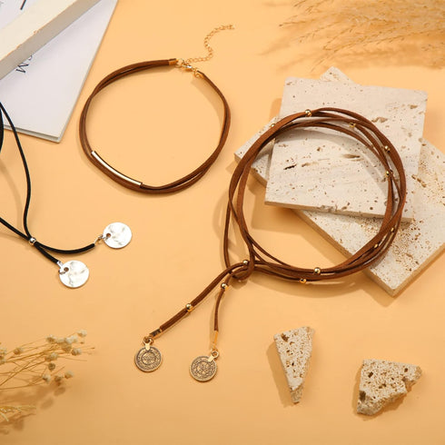 6 Pcs Boho Layered Suede Necklace Long Suede Choker Necklace Black Brown Suede Choker with for Women Teen Girls Jewelry birthday Gift...