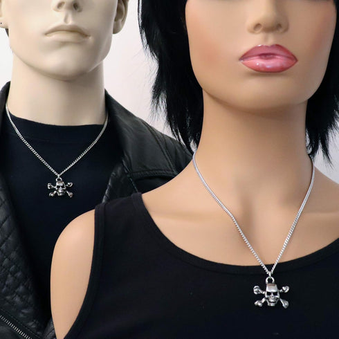 Gothic Skull and Crossbones Silver Finish Pewter Pendant Necklace...