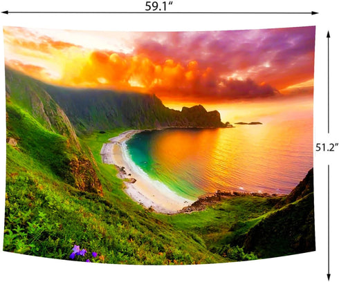 Delur Beach Sunset Tapestry Forest Nature Landscape Tapestry Wall Hanging Scenic Tree Mountain Tapestry Psychedelic Coastal Sunrise Headboard Tape...