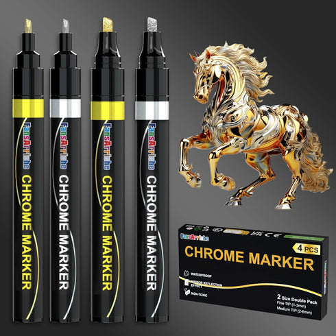 FansArriche Mirror Chrome Markers, Silver & Gold Liquid Permanent Reflective Gloss Chrome Metallic Paint Pens for Repairing, Model Painting, Marki...