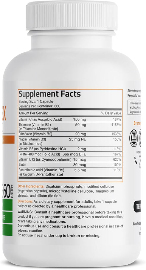Bronson Vitamin B Complex with Vitamin C - Immune Health, Energy Support & Nervous System Support - Non-GMO, 360 Vegetarian Capsules...