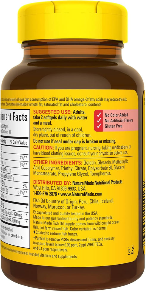Nature Made Burp Less Fish Oil 1200 mg, Fish Oil Supplements, Omega 3 Fish Oil for Healthy Heart Support, Omega 3 Supplement with 60 Softgels, 30 ...
