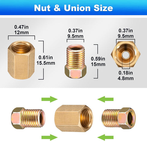 Spurtar 3/16 Brake Line Fittings 15Pcs, 3/8 Inch-24 Threads Brake Line Pressure Fittings for 3/16 Inch Brake Line, Brass Brake Line Fitting Assort...