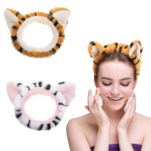 2 PCS Women Animal Ear Tiger Print Fuzzy Hairband Makeup Headband Elastic Stretch Head Wrap for Skincare Spa...