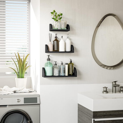 SRIWATANA Floating Shelves Wall Mounted, Solid Wood Shelves Wall Bookshelves Set of 3 for Bedroom, Living Room, Bathroom, Kitchen - Black...