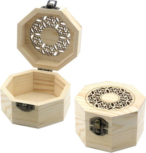 MY MIRONEY 3.7" x 2.4" Unfinished Wooden Box with Hollow Carved Pattern Lid Octagon Unpainted Wood Box Jewelry Box DIY Storage Case with Hinged Li...