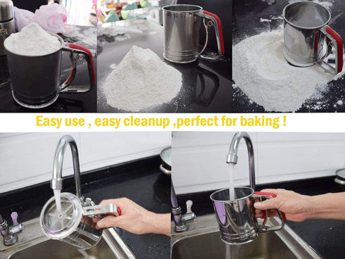 3-Cup Stainless Steel Flour Sifter,Squeeze Sifter for Baking with Compatable Silicone Handle (Red)...