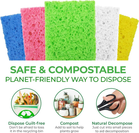 Biodegradable Cellulose Compressed Sponges - Pack of 32 Kitchen Sponges for Cleaning - Heavy Duty and Natural Multipurpose Household Cleaning Spon...