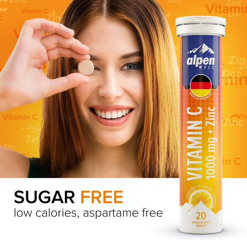 AlpenWell Vitamin C - 1000mg + Zinc - Immune Support - Effervescent Vitamin Drink Tablet, No Sugar + Low Calorie Supplement, Orange Flavor...