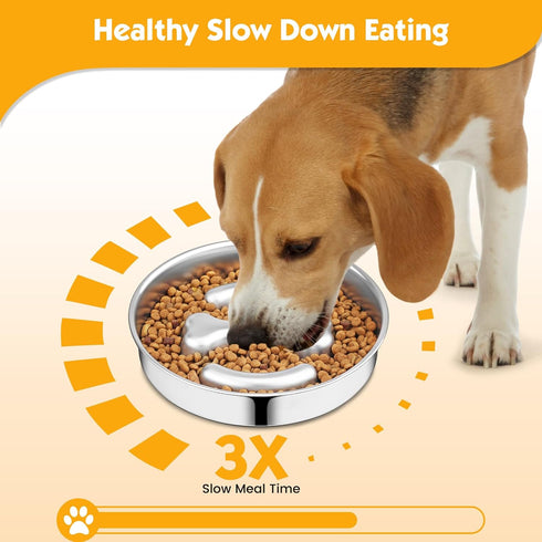 PETTOM Dog Bowl Slow Feeder, Non Slip Stainless Steel Slow Feeder Dog Bowl 3 Cups Metal Dog Food Bowls for Small Medium Dogs Double-Sided Design P...