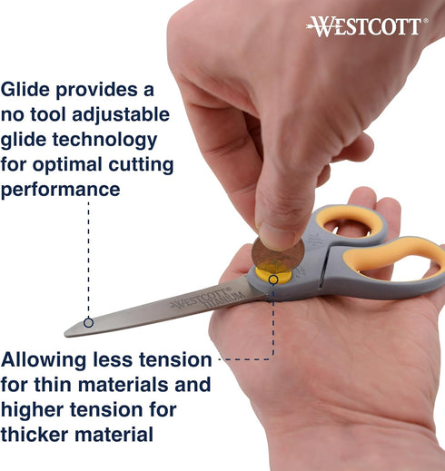 Westcott 8-Inch Titanium-Bonded Scissors with Adjustable Glide Feature for Office and Home - Gray/Yellow...