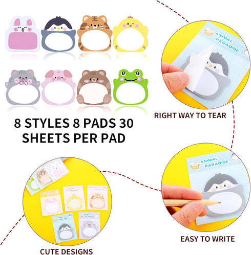 160 Sheets Cartoon Animal Sticky Notes, Cute Cartoon Memo Sticky Note Self Stick Animal Notepad Page Markers Flags for Home, School and Office, 8 ...