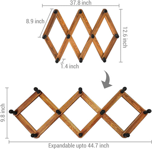 MyGift 10 Hook Burnt Wood Wall Mounted Expandable Accordion Peg Coat Rack Hanger for Entryway, Mudroom or Garage...