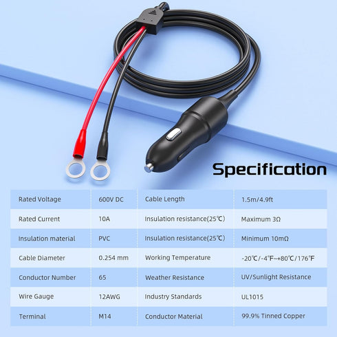 12V Car Cigarette Lighter Male Plug Adapter Charger Cord, with Built-in Resettable Fuse, Bateria Power 4.9FT 12AWG 12 volt plug to O Ring Terminal...