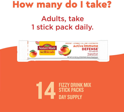 Nature Made Wellblends Active Immune Defense Fizzy Drink Mix, ResistAid, Vitamin C 500mg, Vitamin D 1000 IU, Zinc, and Electrolytes Powder, 14 Sti...