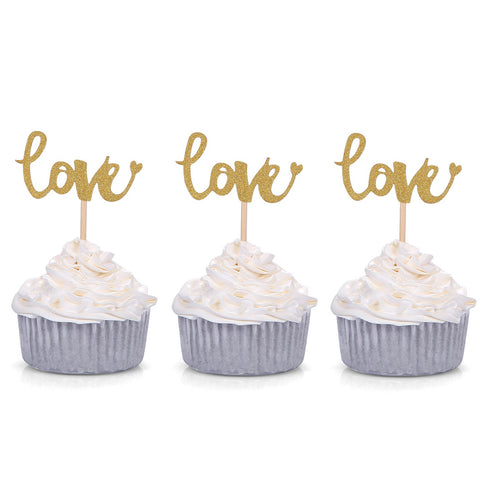 Set of 24 Golden LOVE Cupcake Toppers Wedding Party Decors Muffin Picks Party Dessert Bar Decorations - Pack of 24...