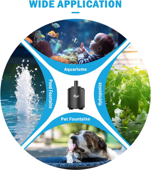 AQQA 160-800GPH Aquarium Submersible Water Pump Fish Tank Small Water Pump Adjustable Waterflow with 2 Nozzles for Fish Tank Water Circulation Poo...