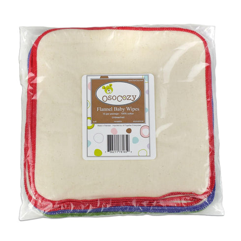 OsoCozy Flannel Cloth Baby Wipes - Reusable and Washable Saves Money - 15 Pack Unbleached/Natural 100% Cotton - Soft and Durable - Colorful Outer ...