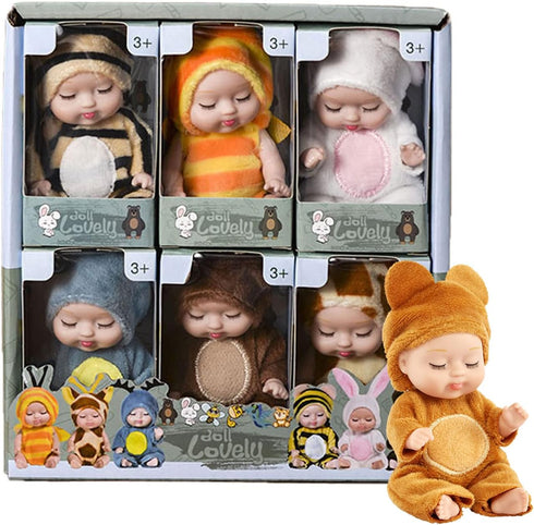 4 Inch Mini Baby Dolls 6pcs Gift Set, Cute Small Baby Doll Toys with Animal Clothes, Suitability Kids 3 and up A Edition...